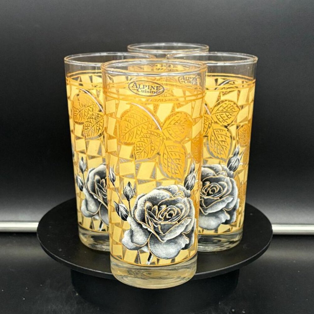 Vintage 1970's Alpine Quisine Gold Rose Tall Drinking Glasses Set of 4